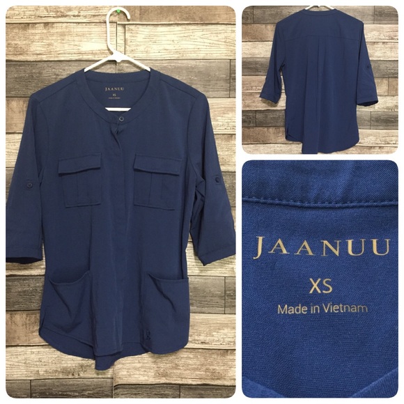 Jaanuu Scrub Top Button Up Women’s XS Blue Collarless Roll Sleeve - Picture 1 of 9